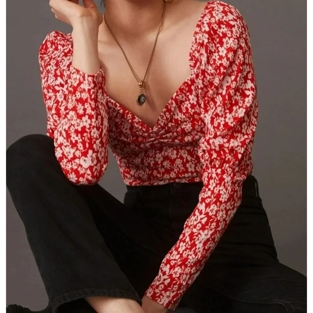 Anthropologie Floral Sweetheart Neckline Top Size XS Red Floral Puff Sleeves
